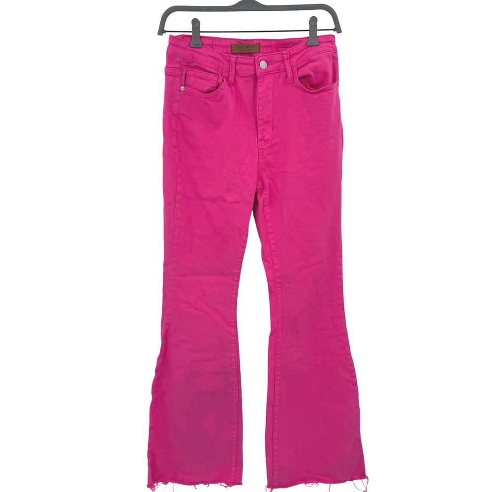 Judy Blue Hot Pink Garment Dyed Flare Jeans Raw Hem Size 7/28 High Rise